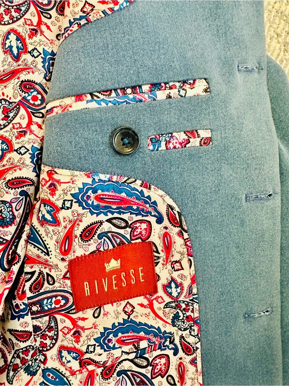 Rivesse Indian Suit Jacket Cornflower Blue Paisley Lining 32-34R Wedding Ethnic